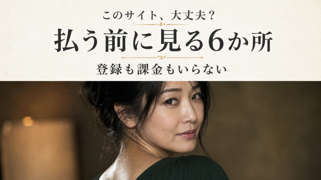 オフホワイトの紙面に「このサイト、大丈夫？」「払う前に見る6か所」「登録も課金もいらない」と縦に組まれ、下段に成人向け動画作品の出演女性の横長ポートレートが入ったアイキャッチ