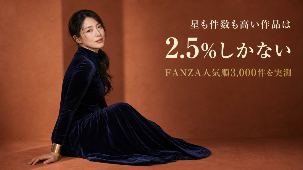 星も件数も高い作品は2.5%しかない、FANZA人気順3,000件を実測と記された横長のアイキャッチ
