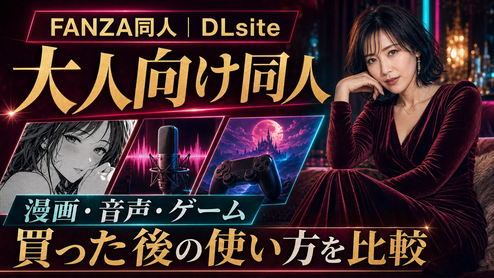 FANZA同人とDLsiteを、成人向け漫画・音声・ゲームの買った後の使い方で比較するアイキャッチ